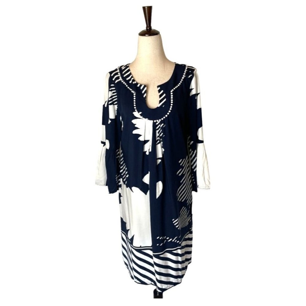 Crown & Ivory Floral Shift Dress Women 4 Blue White Bell Sleeve NWT Boho Cottage